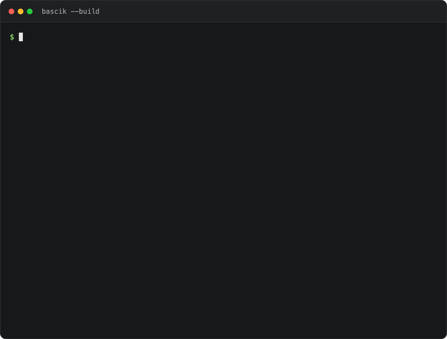 A terminal running bascik --build --site-url https://example.com followed by cat dist/sitemap.xml. The build transpiles six pages, including two blog posts generated from one template, and reports generated: dist/sitemap.xml and dist/robots.txt. The printed sitemap lists absolute example.com URLs for the home, about, contact, and both blog post pages
