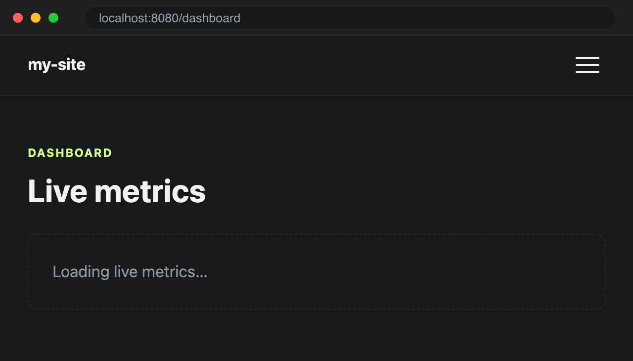 A browser loading a dashboard page. A loading skeleton is shown first, and after about two seconds a card reading 99.99% uptime replaces it in place.